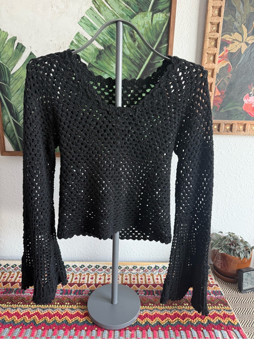 Black Crochet Open-Knit Long-Sleeve Sweater